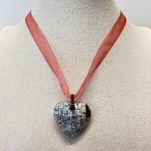 Abalone Mosaic Heart Pendant Necklace Pastel‎ Beachy Coastal Feminine Reversible